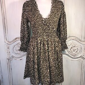 ASOS Smocked and Sheer Puff Sleeves Waisted Leopard Print Long Sleeve Dress S/8